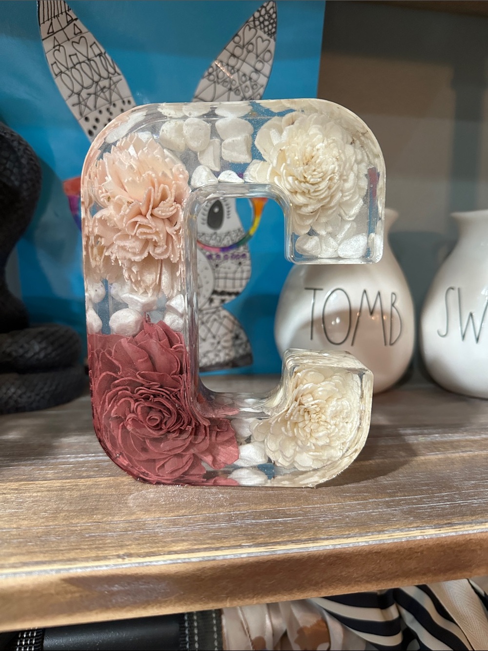 Decorative Resin Letter C with Pink and Cream Floral Inlay
